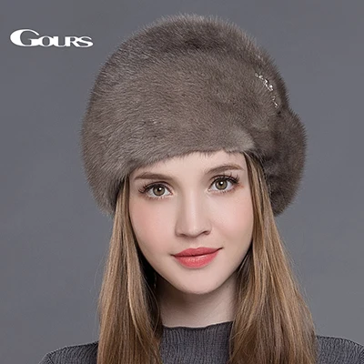 Gray Gours, женские меховые шапки, полностью натуральный мех норки, шапки с короной, роскошные модные русские зимние толстые теплые шапки высокого качества, Новое поступление - Цвет: Gray