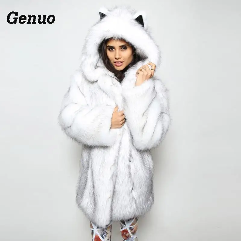 Натуральное пальто из искусственного меха зимнее женское меховое с капюшоном