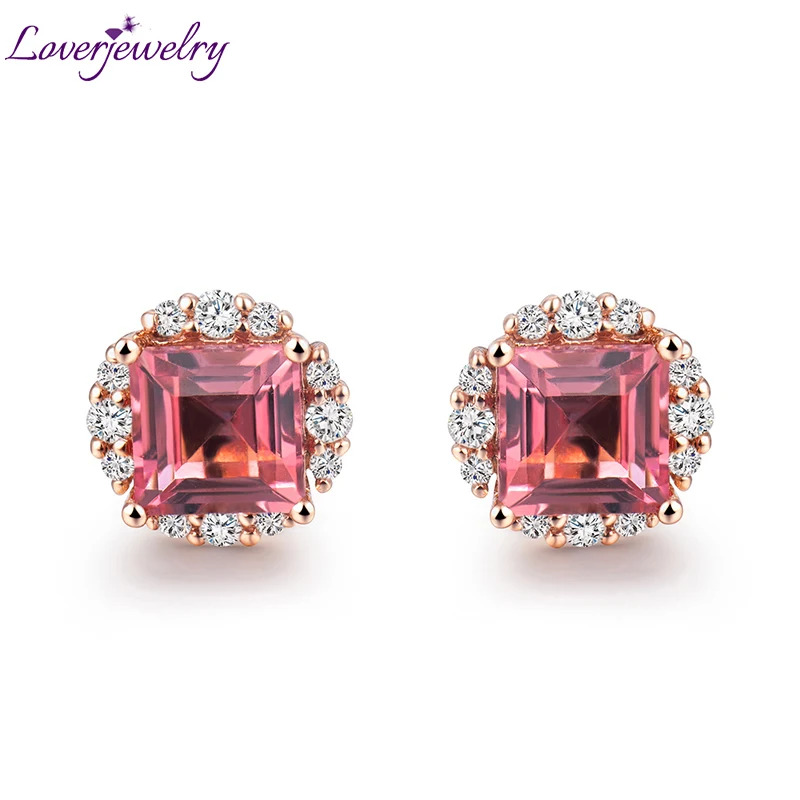 LOVERJEWELRY принцесса огранка 5 мм розовый турмалин Алмаз Свадебные серьги Твердые 18KT