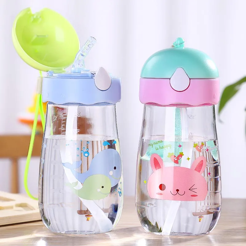 Children Water Drinking Bottle Kids Drinking Cartoon Cup Eco-Friendly Cup Plastic Straw Bottle Kindergarten Handy Cup 380ml