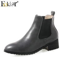 eokkar 2019 black women anle boots fashion slip on winter boots square heel round toe pu leather casual women boots size 34 43
