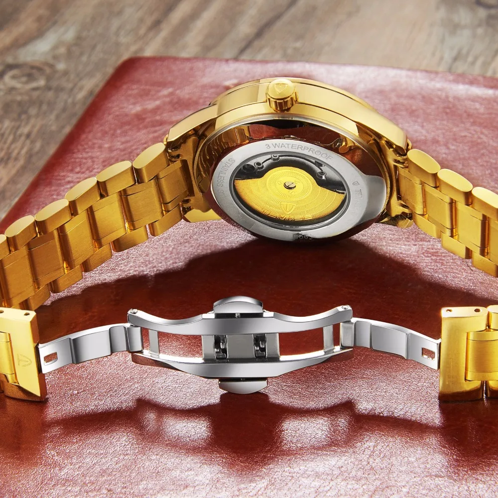 

2020 Newest TEVISE Golden Stainless Steel Men Watch Automatic Mechanical Wristwatches Male Clock saat erkekler