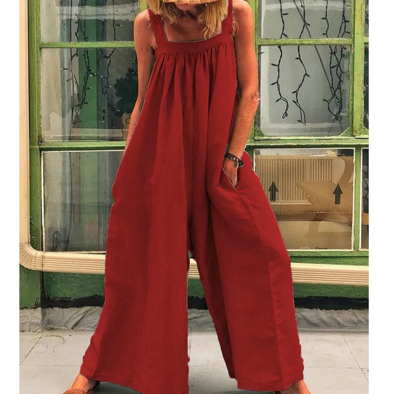 Женский свободный комбинезон из хлопка и льна длинный пляжный без бретелек с