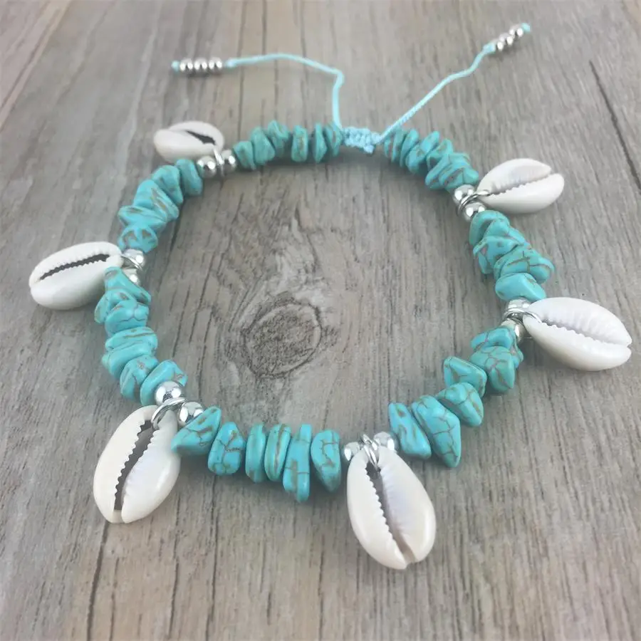 blue anklet Богемский Браслет с подвесками, натуральный драгоценный камень, ракушка, бисер CCB, ножной браслет для женщин, модное ювелирное изделие, браслеты в стиле бохо - Окраска металла: blue anklet