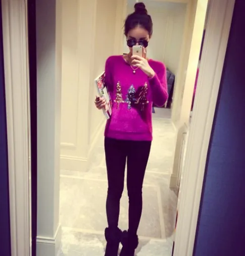 2015 New Year Christmas 3Colors Women Sequins Bead Mohair Knitted Winter Warm Dress Crochet Sweater Pullover Jersey Mujer 353# | Женская
