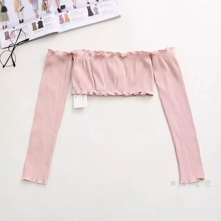 Футболка женская с открытыми плечами пикантный Топ длинным рукавом халтер суперкороткая рубашка