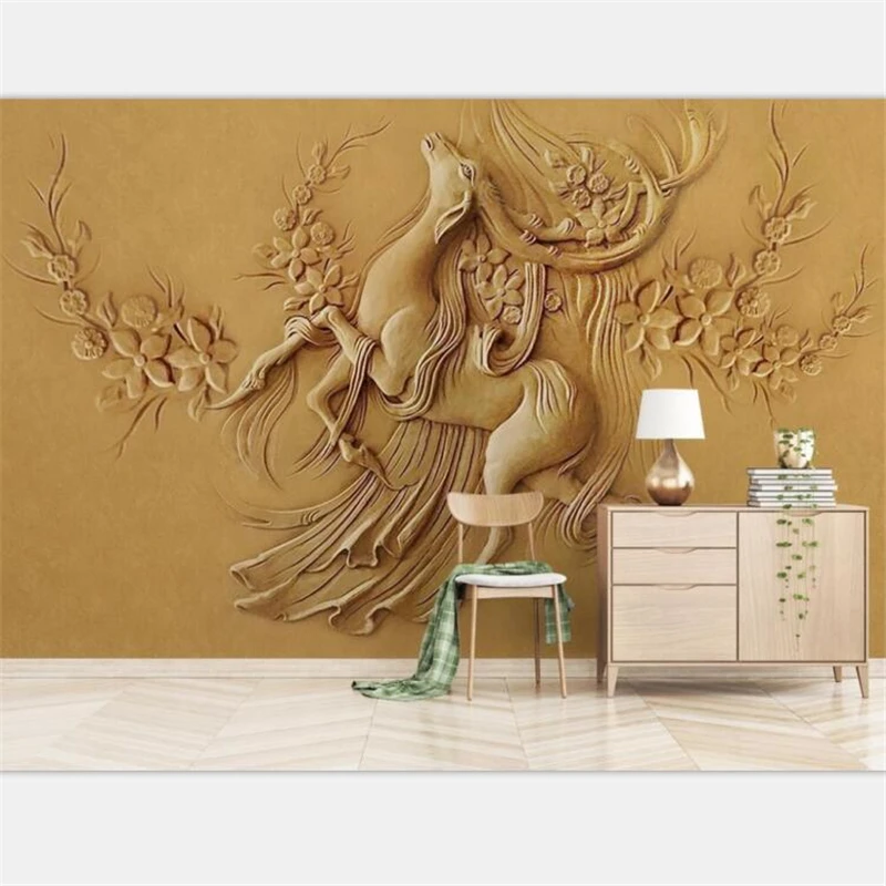 

beibehang Wallpaper custom living room bedroom 3D three-dimensional relief gold elk deer mural background home decoration