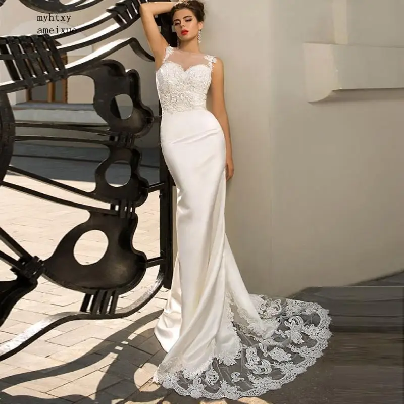 Женское свадебное платье-Русалка со шлейфом без рукавов с круглым вырезом и