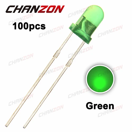 100pcs Green 3 мм рассеянный светодиодный светильник, белый, красный, зеленый, синий, желтый, оранжевый, 20 мА, 3 В, 3 мм, набор для самостоятельной сборки - Цвет: 100pcs Green
