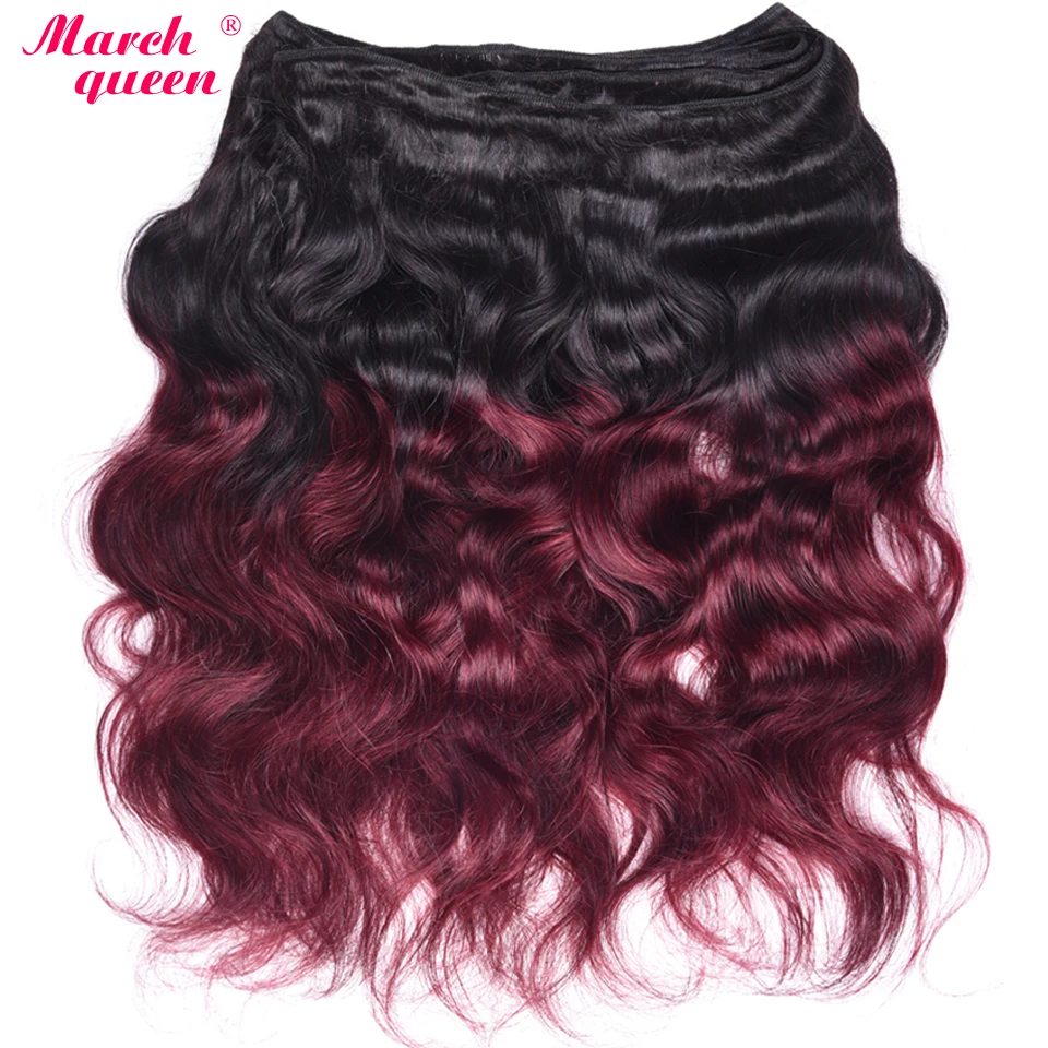 Замыкание из кружева королевы Марта с пучками волос Монгольской волны T1B/99J Омбре 4 шт. человеческих расширения на черный цвет до вина.