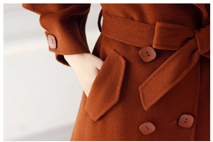 Female Double-breasted Overcoat Long Sleeve Turn-down Collar Slim Fit Women Army Green Woolen Coats Spring Windproof Warm Jacket | Женская