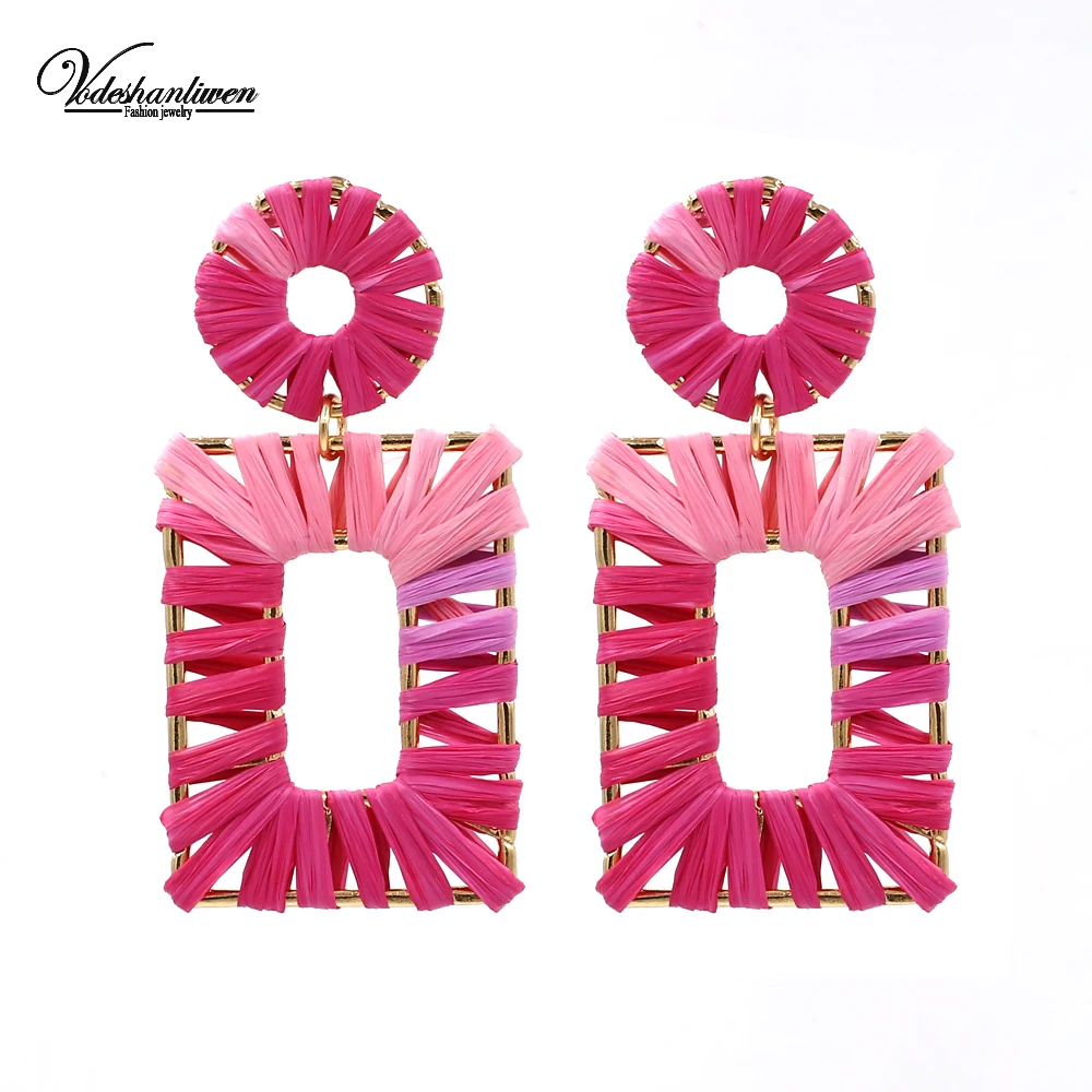 Vodeshanliwen Trendy Handmade Straw Rope Knit Statement Earrings For Women Big Square Korean 2019 Jewelry accessory | Украшения и