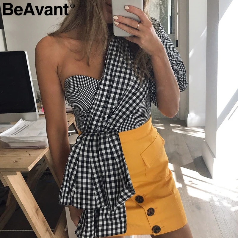BeAvant сексуальный женский топ на одно плечо с пышными рукавами клетчатая летняя