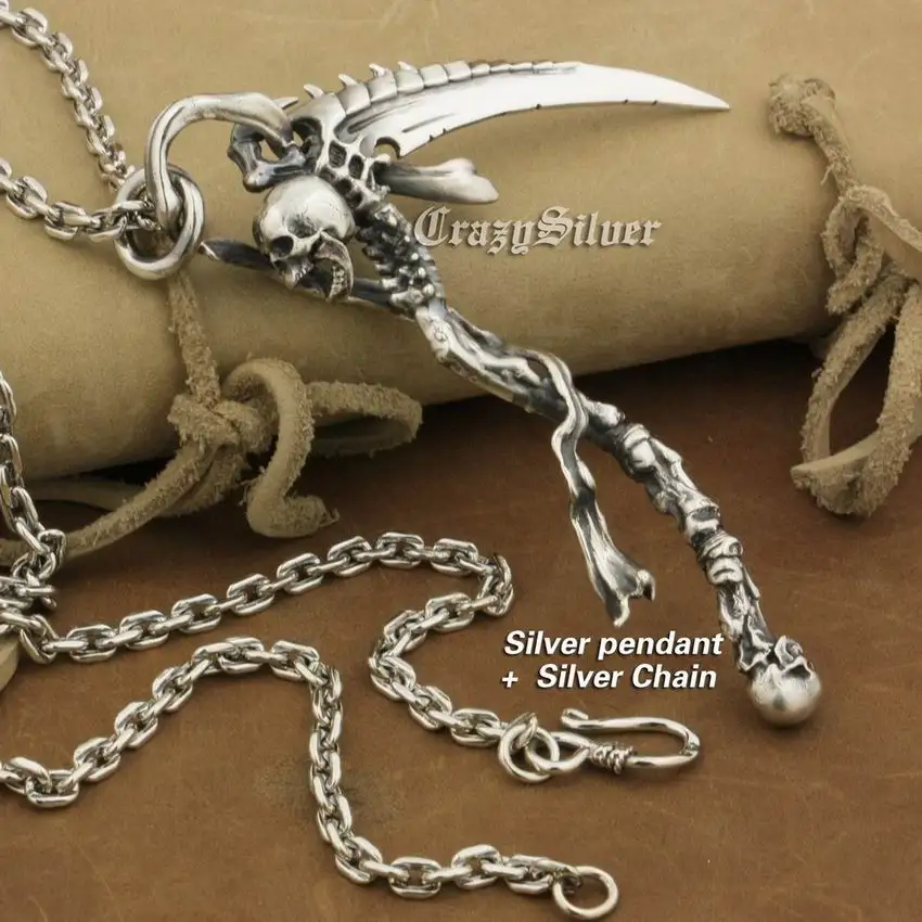 Silver N Pendant LINSION огромный тяжелый 925 пробы Серебряный Грим жнец череп серп коса мужские Байкер рок панк кулон TA22 - Окраска металла: Silver N Pendant