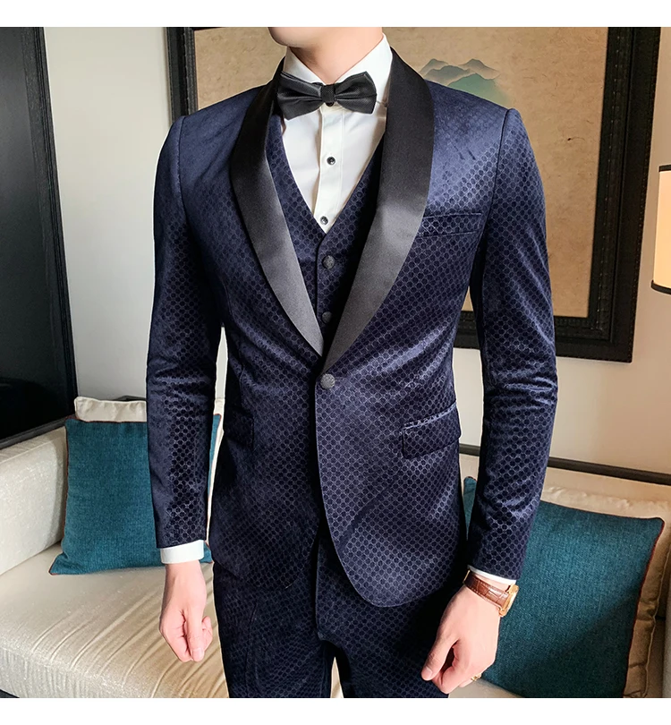 Heren Kostuums, деловой, офисный, бархатный костюм, осень, Traje Novio, 3 штуки, клетчатый, точечный дизайн, мужской костюм, Ретро стиль, мужской смокинг, костюм