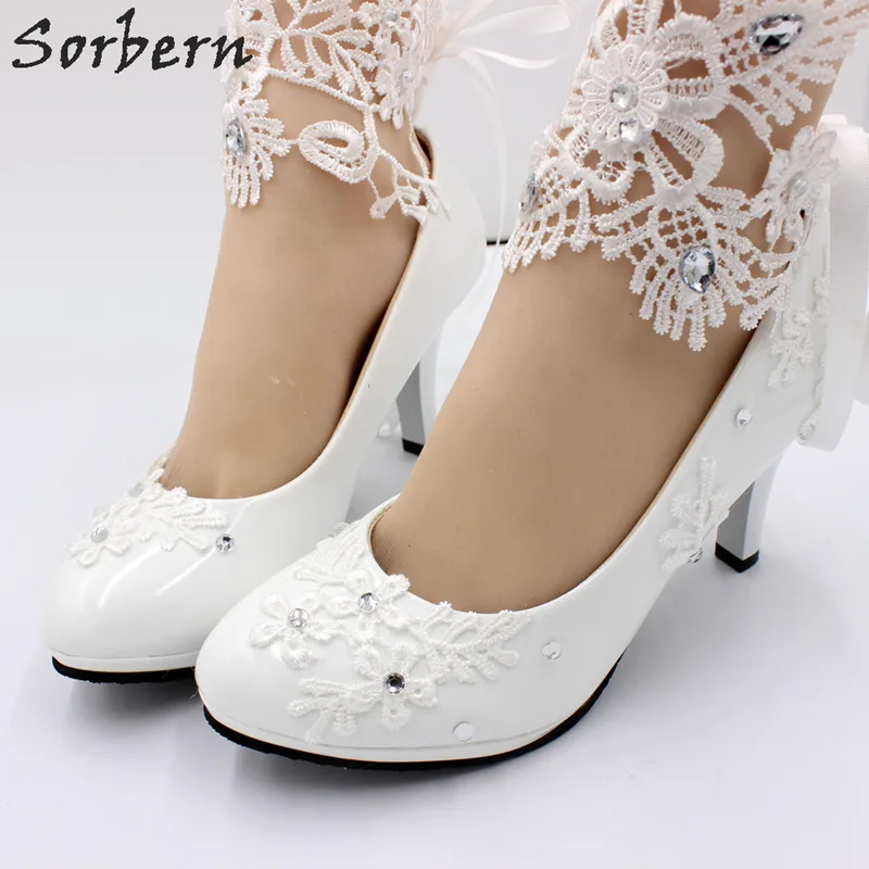 

Sorbern White Lace Ankle Strap Wedding Shoes New 2019 Bridal Heels High Low Heel Bridesmaid Girl Pumps 3cm/5cm/8cm