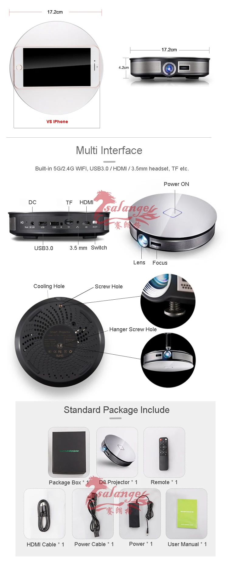 Salange D8S мини-проектор светодиодный портативный 2G+ 16G 1280*720 разрешение Встроенный Android 6,0 3D двойной wifi 12000mAh аккумулятор