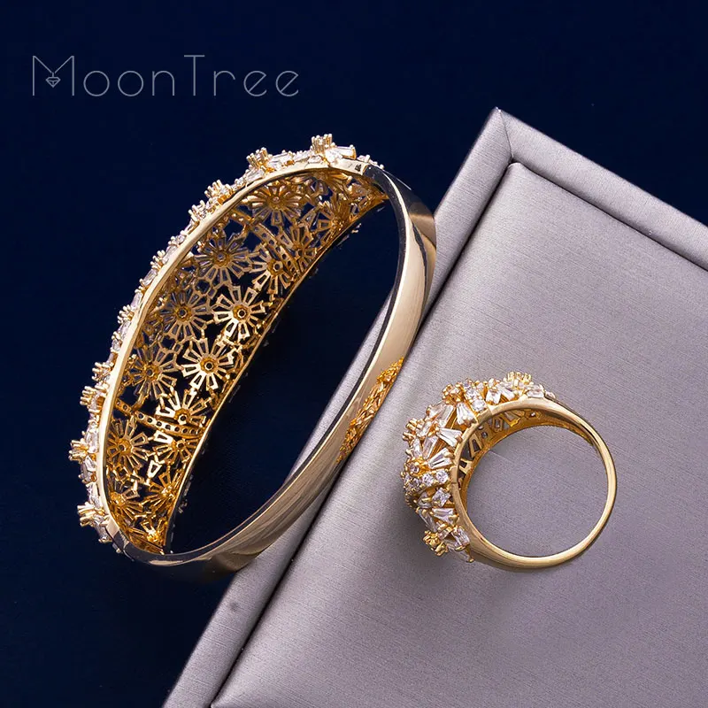 MoonTree Блестящий Полный циркон цветы AAA кубический цирконий золотые украшения медные вечерние из Саудовской Аравии Арабский Браслет в дубайском стиле набор колец для свадьбы