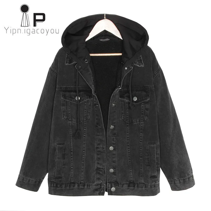 Винтажное флисовое зимнее пальто женская джинсовая куртка Корейская с капюшоном