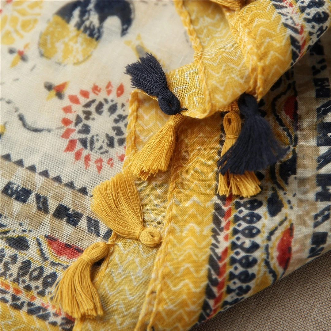 Ретро желтый этнический стиль шарф MS осенний длинный с бахромой тонкий шаль|long