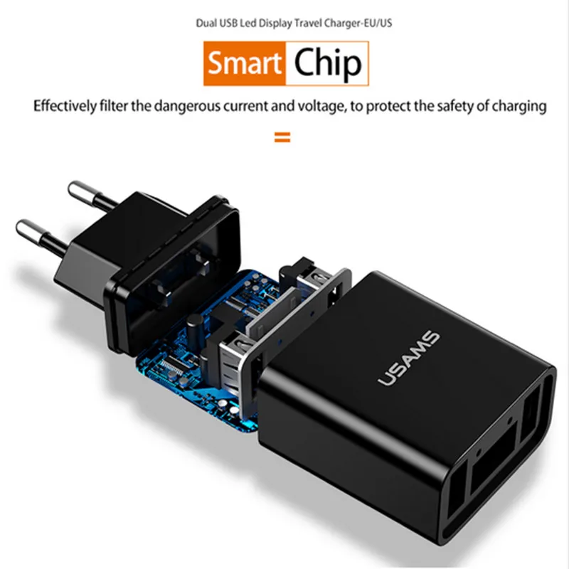 Светодиодный дисплей USAMS зарядка через два USB-порта вилка стандарта ЕС/США макс. 2 4