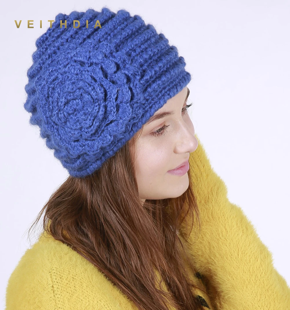 VEITHDIA 2019 ручная работа Осень зима вязаная шапка с цветком женские шапки Теплые