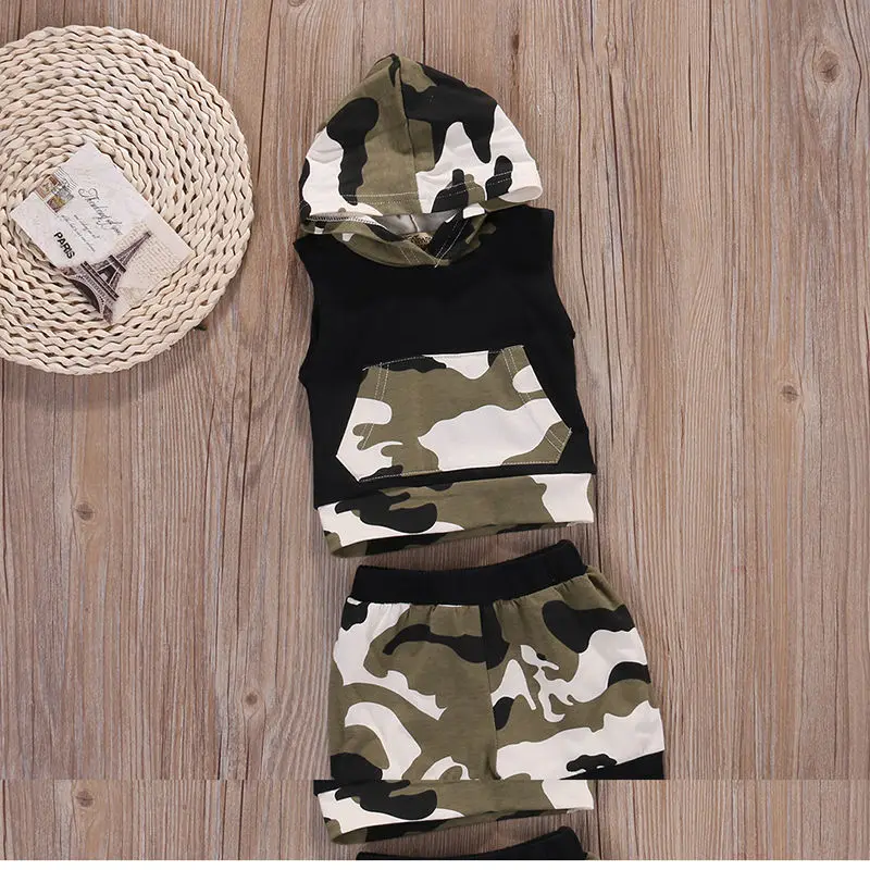 2017 New Cute Camouflage Kids Baby Boy Infant Sleeveless Hoodie Top Clothes + Pants Clohtes Set |