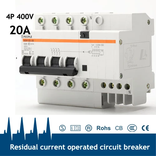 

Сертификат CE, 4P 20A, защита от остаточного тока и нагрузки RCBO