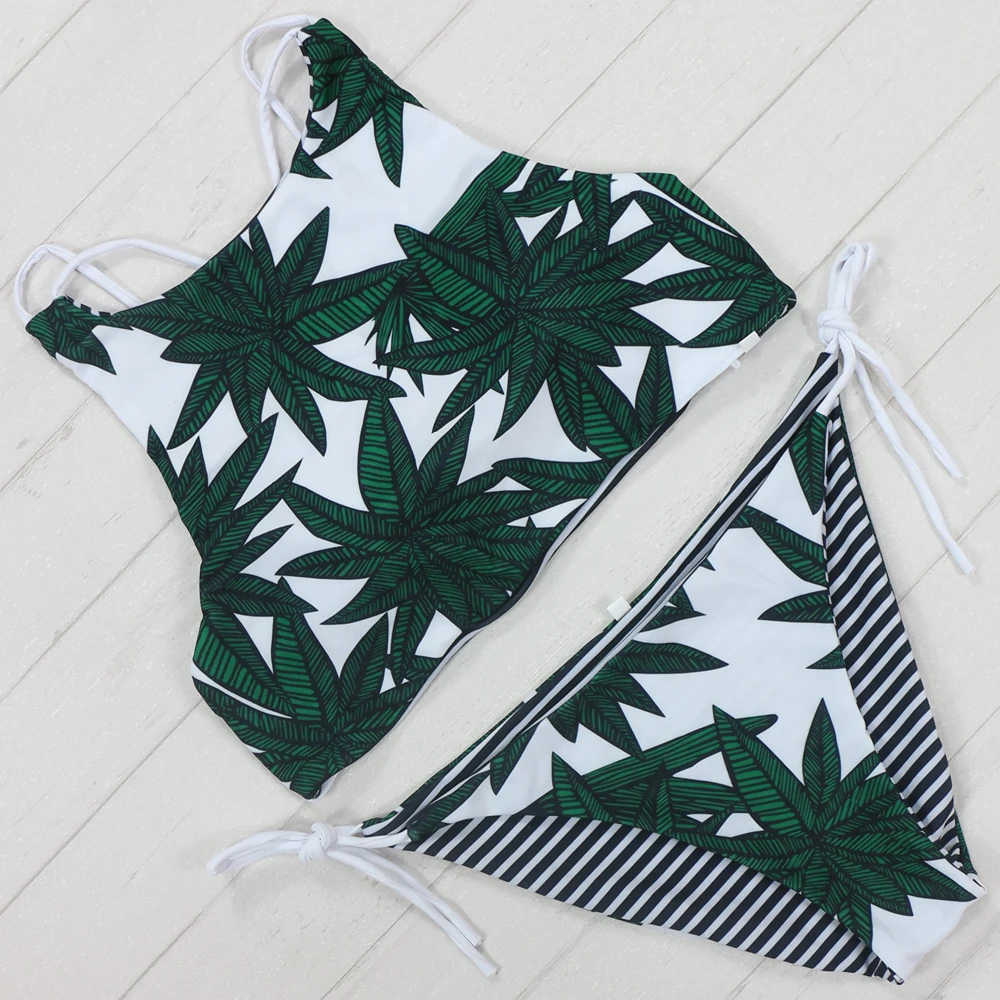 Новое поступление 2016 бикини с бамбуковыми листьями купальник высокой горловиной