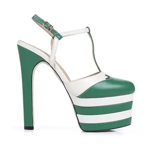 green striped Подиумные босоножки из натуральной кожи с ремешком на лодыжке на высоком каблуке летние женские босоножки на платформе женская обувь на тонком каблуке с закрытым носком 34-43 - Цвет: green striped