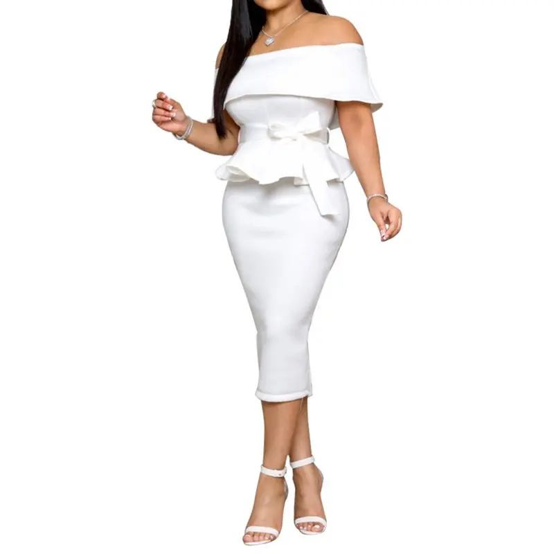 Off Shoulder Party Dress Women Backless Sexy Bodycon Elegant Evening Ruffle White Office Fashion Summer Black Slim Midi Dresses | Женская