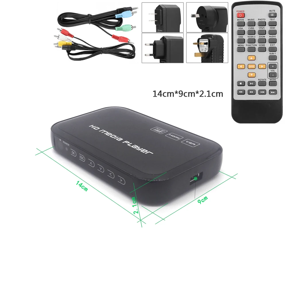 Full HD 1080 P медиаплеер центр Мультимедиа Видео плеер с HDMI VGA AV USB SD/MMC порт дистанционное управление YPbPr кабель mkv H.264