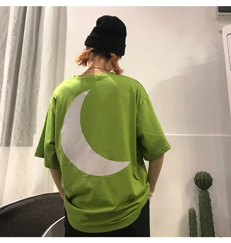 Green Harajuku уличный стиль негабаритных Светоотражающая Футболка мужская Большая Луна уличная хлопковая рубашка Мужская Унисекс шикарная Ulzzang Kpop хип-хоп - Цвет: Green