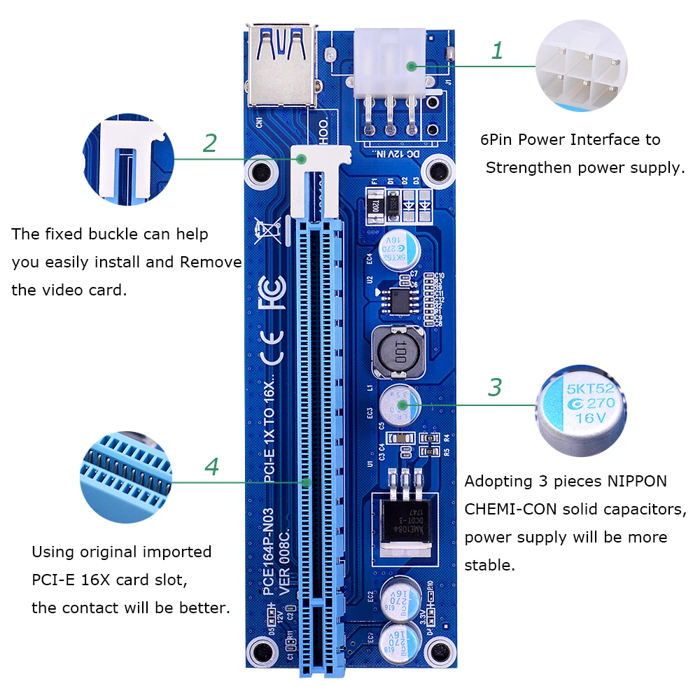 CHIPAL Mini PCI E 1X до 16X Райзер карта 60 см USB3.0 SATA 6 контактный кабель питания для ноутбука