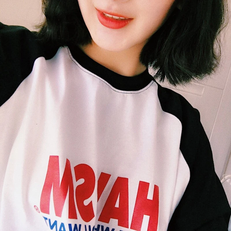 Женские футболки, свободные, с буквенным принтом, Harajuku, женская футболка с длинным рукавом, для отдыха, с круглым вырезом, корейский стиль, подходит ко всему, простые, для студентов