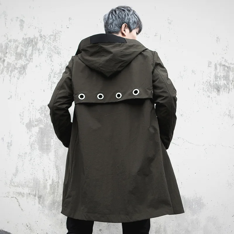 Army green Xiu Luo мужской Тренч с капюшоном мужской уличный Хип Хоп Модный повседневный ветровка Тренч весна осень - Color: Army green