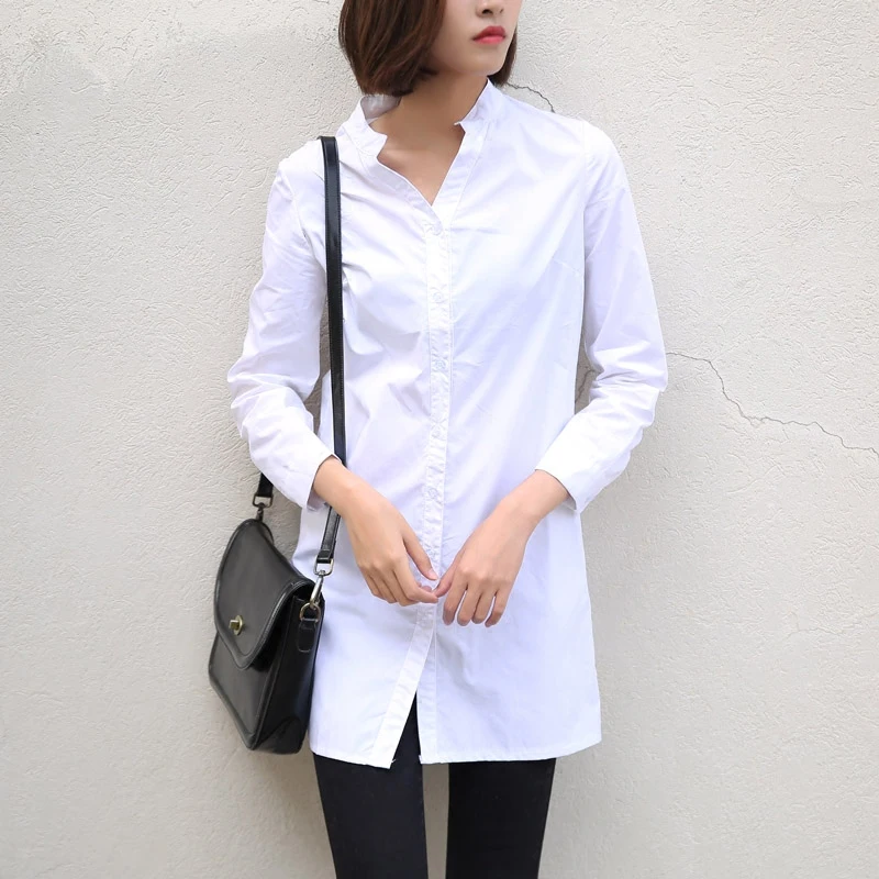 Женские блузки длинные повседневные базовые с длинным рукавом V-образным вырезом