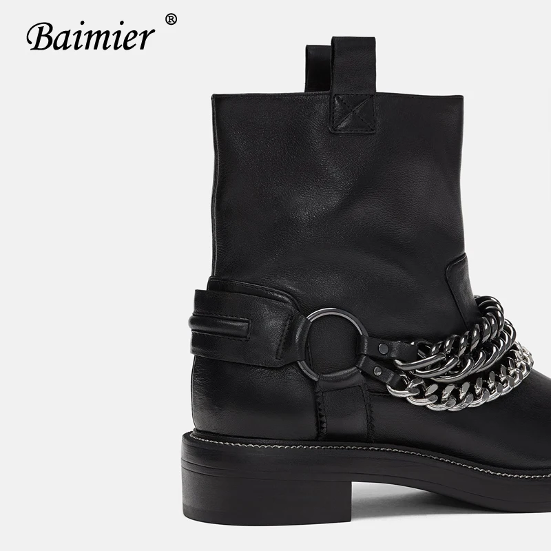 Baimier/Брендовые женские ботинки из натуральной кожи; Роскошные ботильоны для женщин с серебряной цепочкой; коллекция года; Лидер продаж; теплые плюшевые женские зимние ботинки