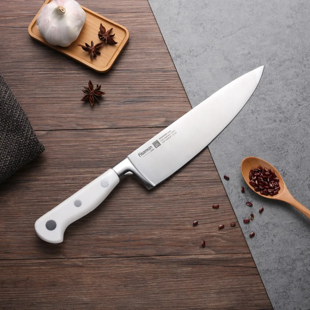 Нож шеф повара FISSMAN 8 ''MONOGAMI (сталь X50CrMoV15) белая китайская Ручка 5cr15mov: 430 # Bolster +