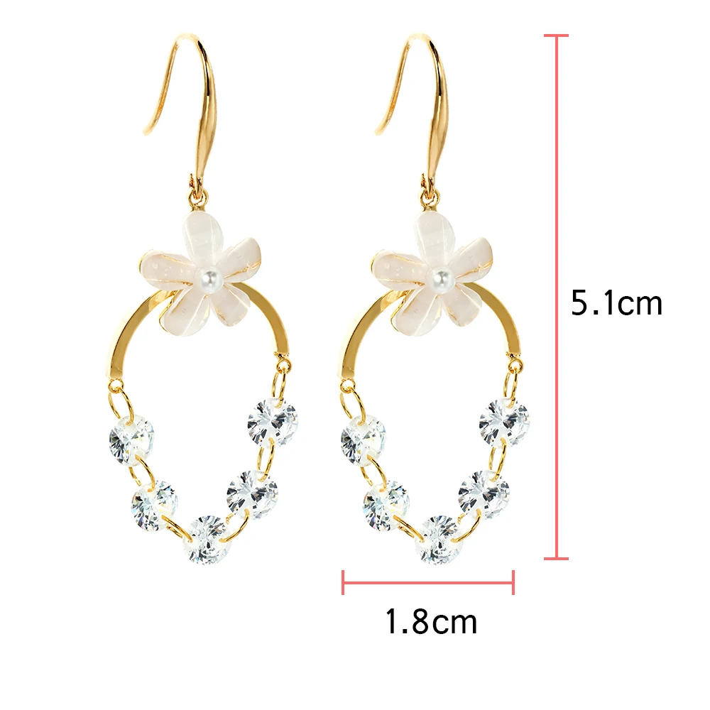 Women Dangle Drop Earrings with Circle Round AAA+ Cubic Zirconia Zircon Resin Flower and Pearl Earring Office Ladies | Украшения и