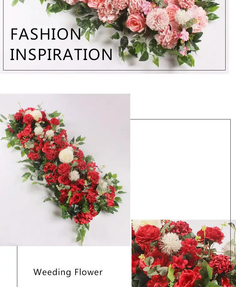 50cm Length DIY Arch Flower Row Silk Flower with Foam Acanthosphere Rose Peony Mix Flower for Wedding Backdrop Decoration