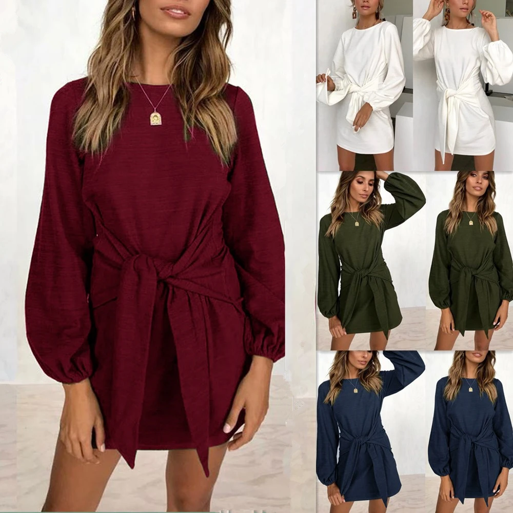 Женское осеннее Новое повседневное Бандажное платье с длинным рукавом и круглым