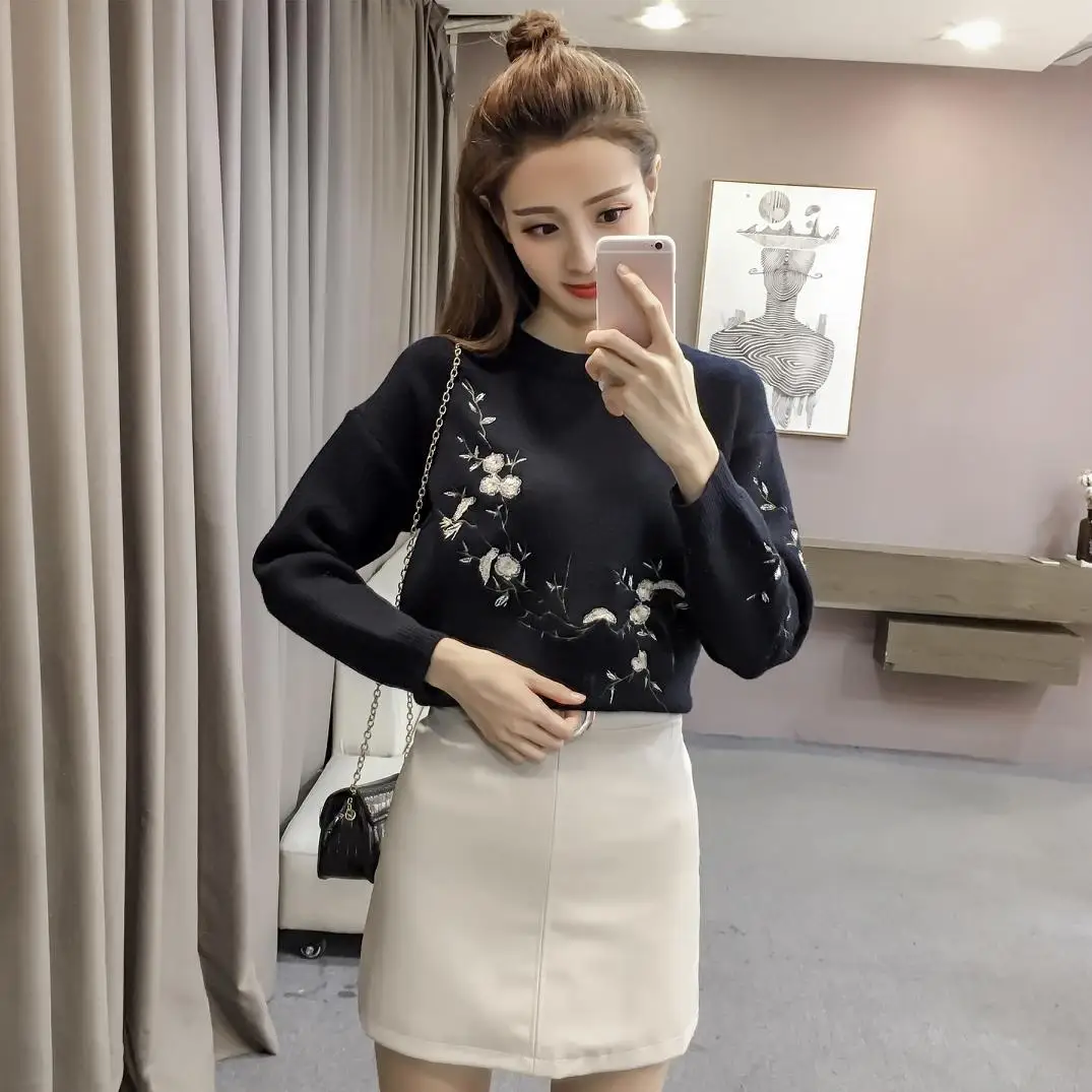 women clothing 2017 spring autumn winter korean vestidos fashion thin cute sweet new embroidery knit sweaters female A4555 | Женская