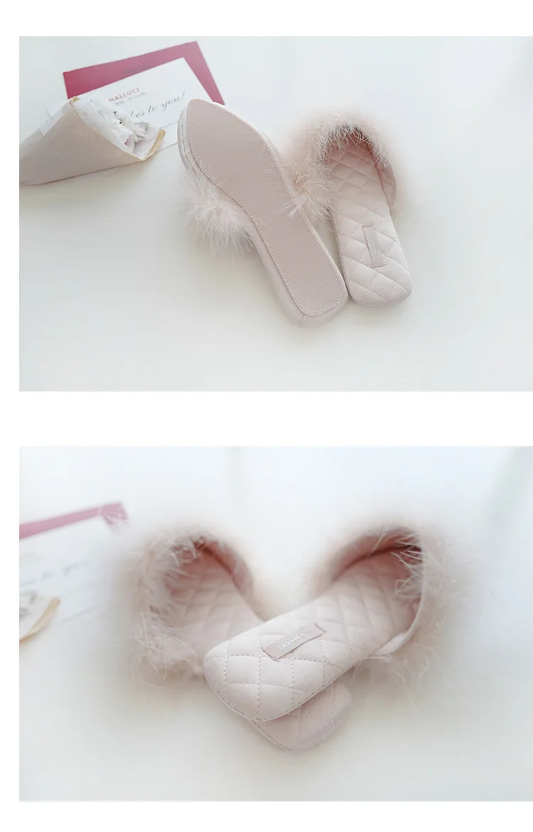 Корейские модные атласные меховые домашние тапочки; женские нескользящие шлепанцы для свадьбы и спальни; милые летние сандалии