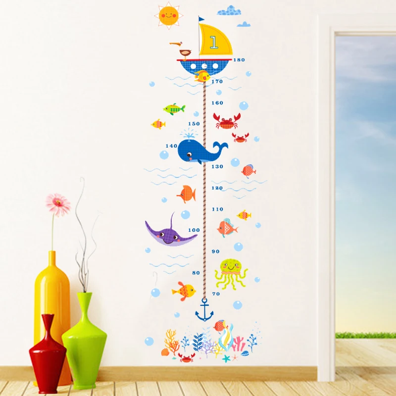 

diy seabed fish shark bubble height measure wall stickers for kids room bathroom home decor growth chart cartoon wall decals art