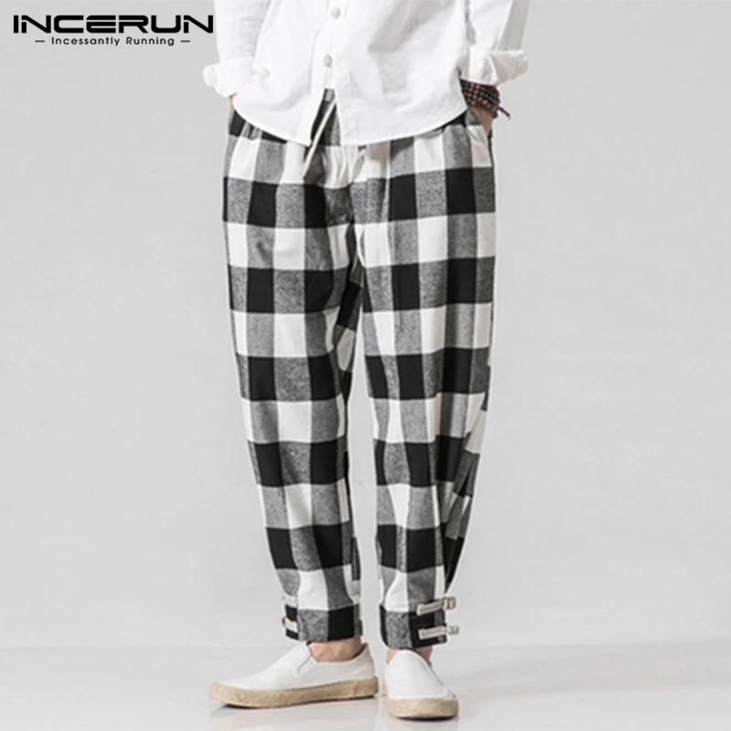White Pants INCERUN, модные клетчатые штаны-шаровары, Мужская Уличная одежда, хип-хоп штаны для бега, свободные штаны в этническом стиле, повседневные брюки, мужские штаны-крестики, S-5XL - Цвет: White Pants