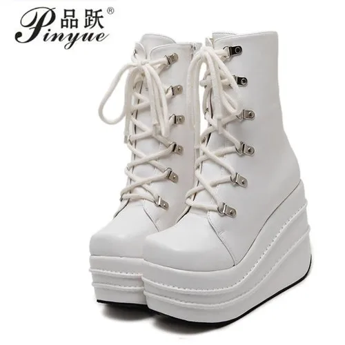 Botas Mujer Plataforma/ г. Зимние женские ботинки белые ботинки на высокой танкетке в стиле панк ботинки на платформе со шнуровкой Размеры 35-43