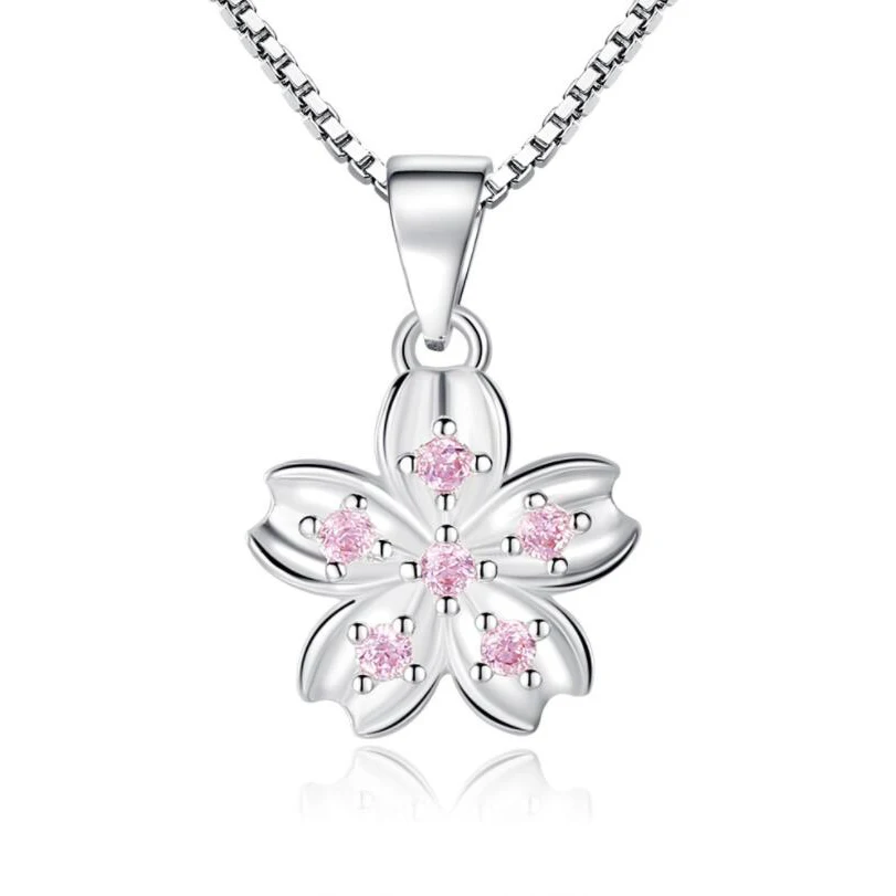 

Love Good Luck Four Leaf Clover Pendants Cherry Blossom Peach Flower Necklaces Pink Purple Cubic Zirconia Necklace Women Luxury