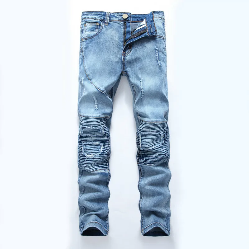 European New Mens Skinny High Jeans Slim Fold Men Brand Designer Denim Pants Super Luxury Light Blue Locomotive Male | Мужская одежда