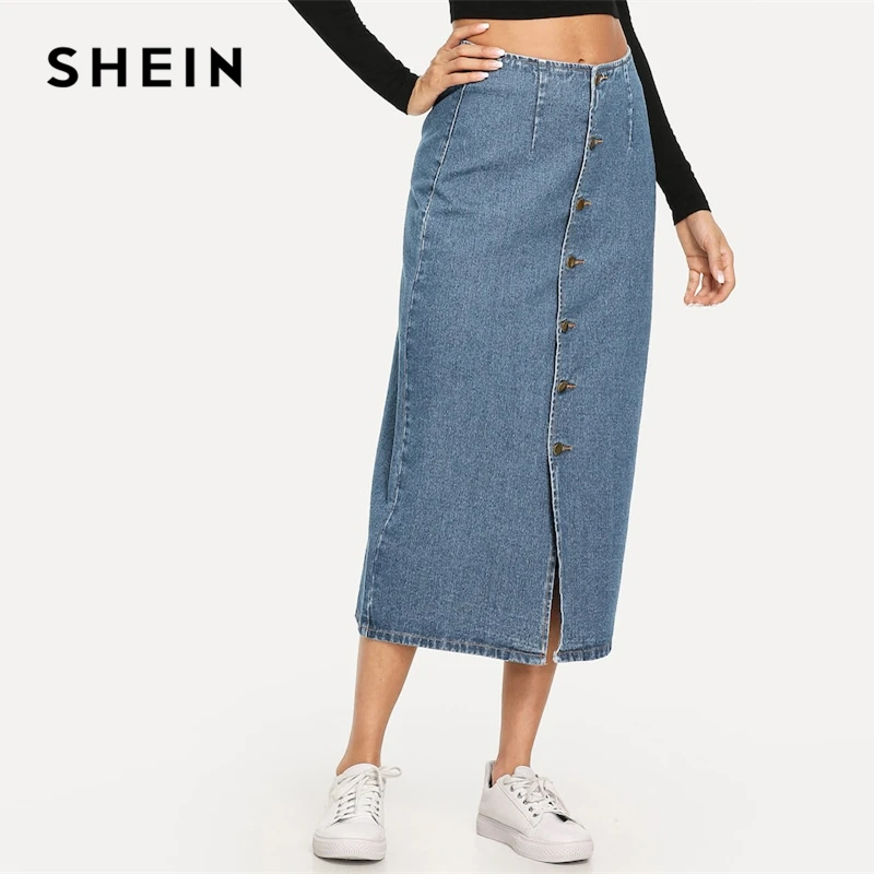 SHEIN Длинная Джинсовая Юбка На Пуговицах, Джинсовая Юбка В Стиле Кэжуал, Офисная Джинсовая Юбка